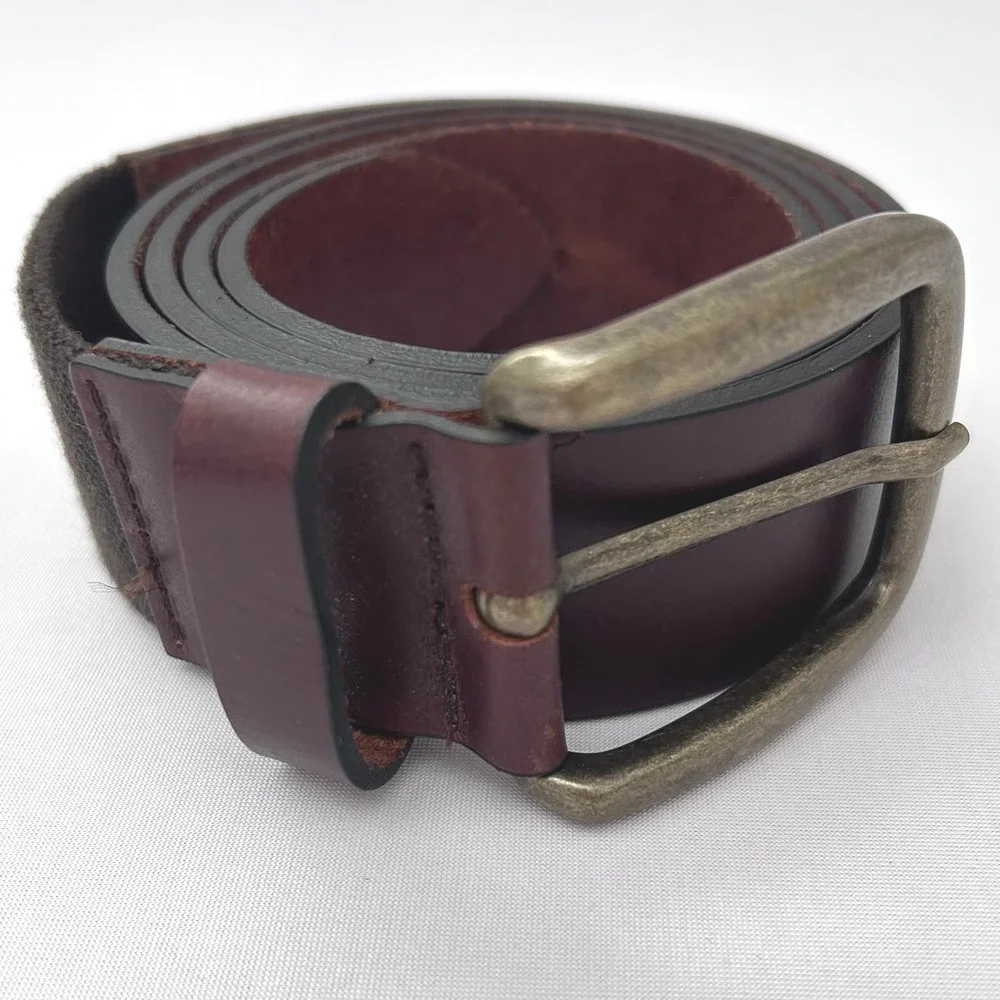 LL Bean Belt Mens 44 Burgundy Brown Leather Elastic Stretch Brass Buckle UK Made